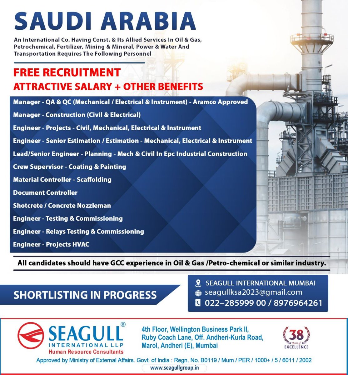 hrd1_seagull's tweet photo. SAUDI ARABIA JOBS
FREE RECRUITMENT
SHORTLISTING IN PROGRESS
.
.
.
#saudiarabiajobs #mumbaijobs #qamanager #qcmanager #electricalengineer #crewsupervisor #materialcontroller #documentcontroller #shotcrete https://t.co/wSsNIIvpen