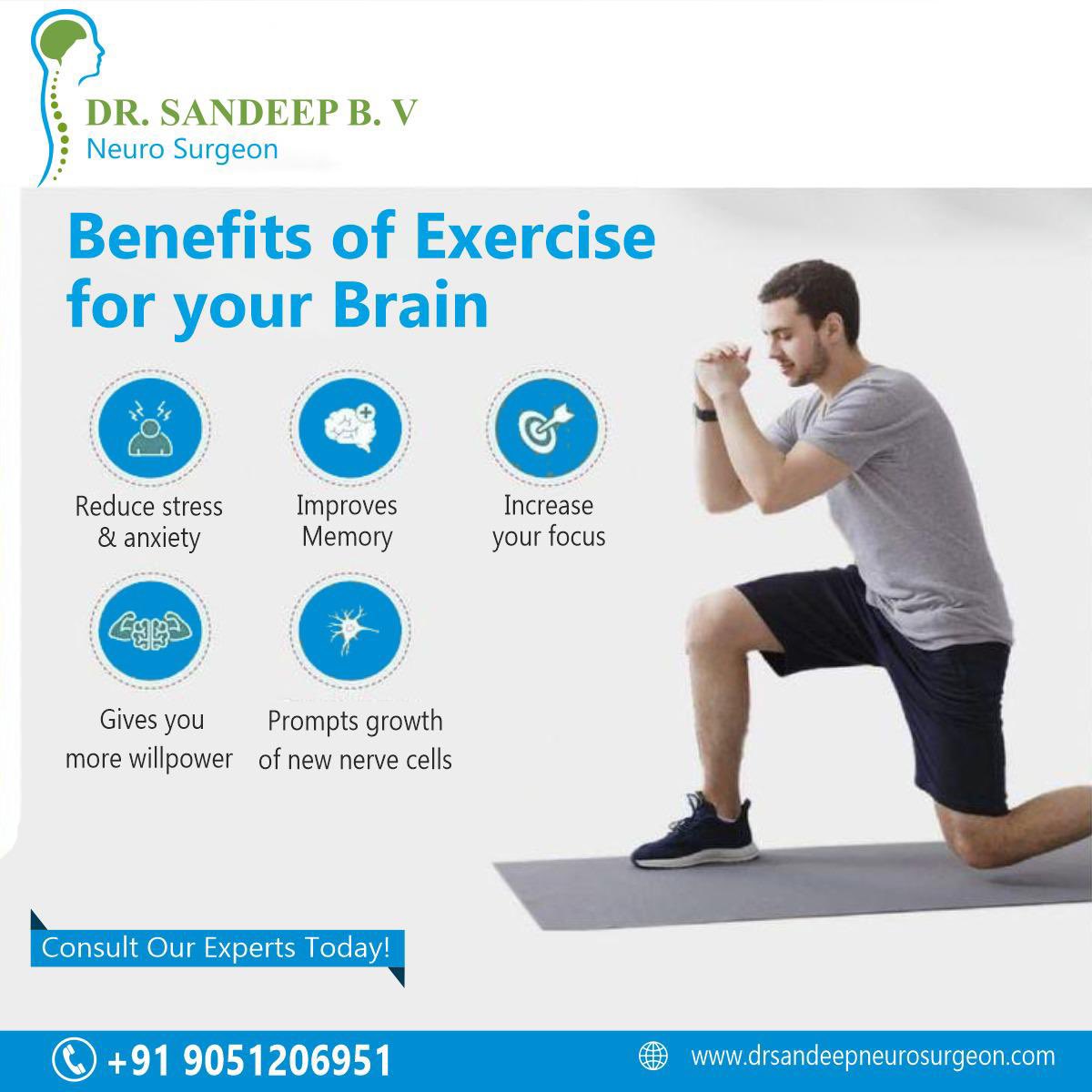 Benefits of exercise for your brain 🧠 

#Drsandeepbv #drsandeep #Neurology #Neurologist #brain #BrainHealth #benefits #exercise #anxiety #stress #improvememory #nervecells #newcells 
#NeurologicalDisorders #NeurologyEducation #BrainInjury #braintumor #lumbarspinalsurgery #spine