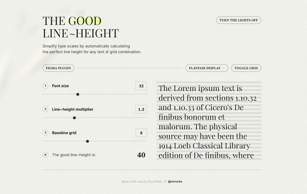 101babich's tweet photo. The Good Line-Height

Nice little tool that automatically calculates the perfect line height for any text &amp; grid combination

https://t.co/xzg8EEF7FB https://t.co/nvBn8uEE6o