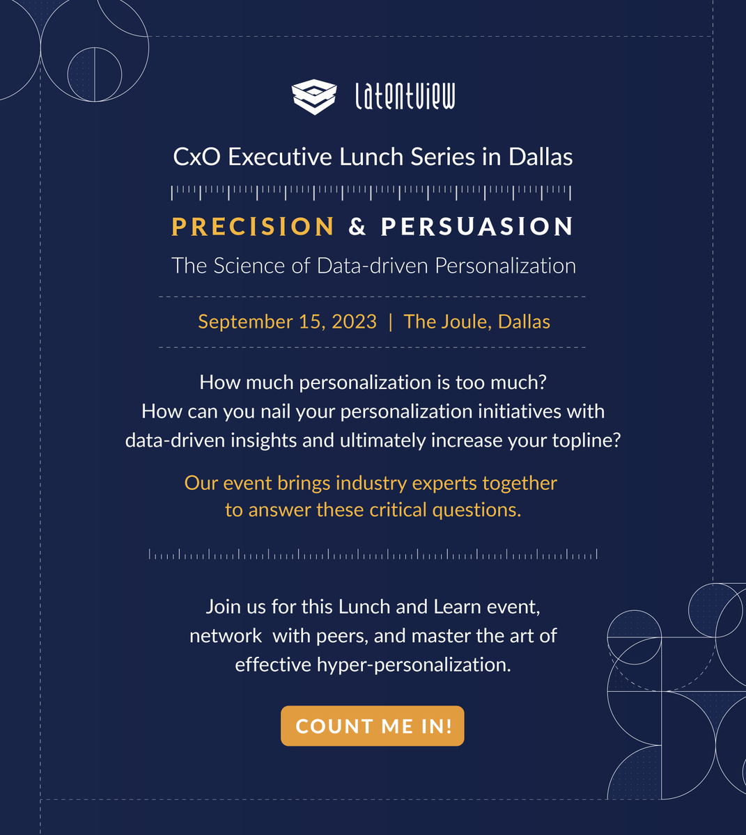 Personalization is significant to building loyal customers, but many business executives still struggle to hit the “Personalization Sweet Spot”. Learn, network, and master the art of effective hyper-personalization. Register for our lunch and learn event:latentviewanalytics.com/cxo-executive-…