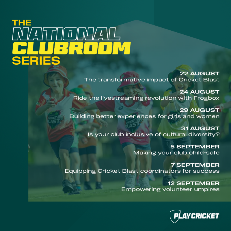 PlayCricketAU's tweet photo. The National Clubroom Series is back, this time next week 🏠🏏

We've got a bumper range of live online events packed with ideas and tips for volunteers to grow and sustain cricket in their communities.