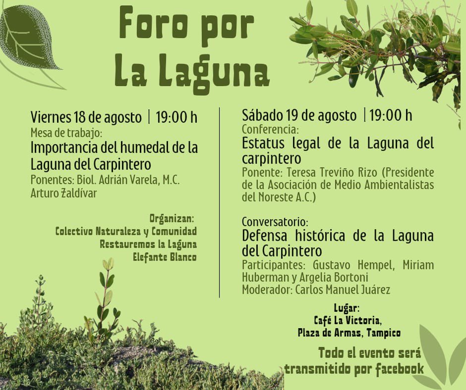 Gente de #Tampico y #CdMadero Te invitamos al Foro por la Laguna para que conozcas la importancia de un humedal costero con manglar como es la Laguna, su situación legal así como la historia de su defensa.