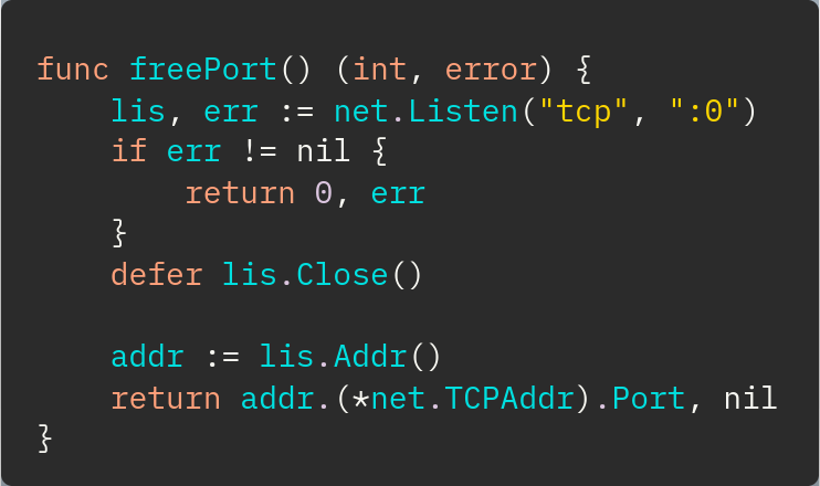 tebeka's tweet photo. #golang #gem: Use port 0 to get random free port (useful in testing). https://t.co/aGpgQJocxB