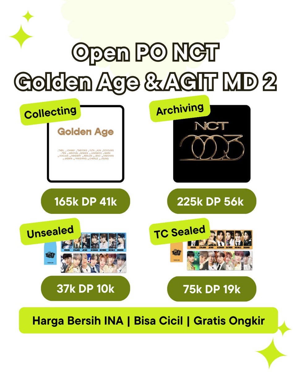shopverse_id's tweet photo. [Open PO / WTS INA🇲🇨] NCT Golden Age & Dream Agit 2nd MD

🤑 Harga termurah / DP 25% / Bisa cicil 4x
✅ EMS/tax + Free ongkir

Golden Age [Ktown4u]
✨Collecting 165k DP 41k
✨Archiving 255k DP 63k
🗓️ Close 18/8 12.00 WIB

DREAM Agit : Let’s Get Down 2nd MD [Online]
✨Random TC Set Sealed 75k DP 19k
✨Random TC Set Unsealead 37k DP 10k
🗓️ Close 22/8 12.00 WIB

🛒CO via WEB👉 https://t.co/c8XBLqiUDY

✅ GO LINE / WA / Telegram
📌 Dom Jkt

#POshopverse #wts #ina #wtb #wtt #lfs #lfb