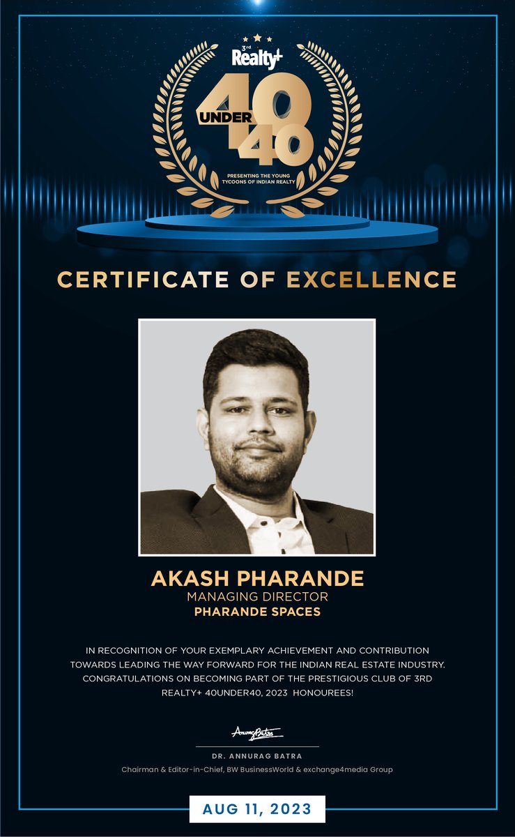 PharandeSpaces's tweet photo. Pharande Spaces is proud to announce that its MD Akash Pharande has won at the 3rd @RealtyPlus 40Under40 Awards, 2023 for outstanding achievements in #residentialrealestate #development https://t.co/y7hPZvMfl1