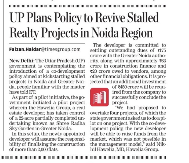 FaiHaider's tweet photo. As part of a pilot initiative, the government initiated a pilot project wherein the #Hawelia Group, a #realestate developer, has taken control of a 22-acre partially completed undertaking known as Shree Radha Sky Garden in #GreaterNoida.
https://t.co/V4c9MJvyIV https://t.co/0tOQNiSqhS