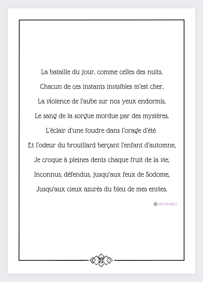 Na_taneli's tweet photo. Bien le bon jour à tous,
La bataille du jour, comme celles des nuits,
Chacun de ces instants invisibles m’est cher,
#poesie #litterature #Nataneli https://t.co/B9VrPq7XcG