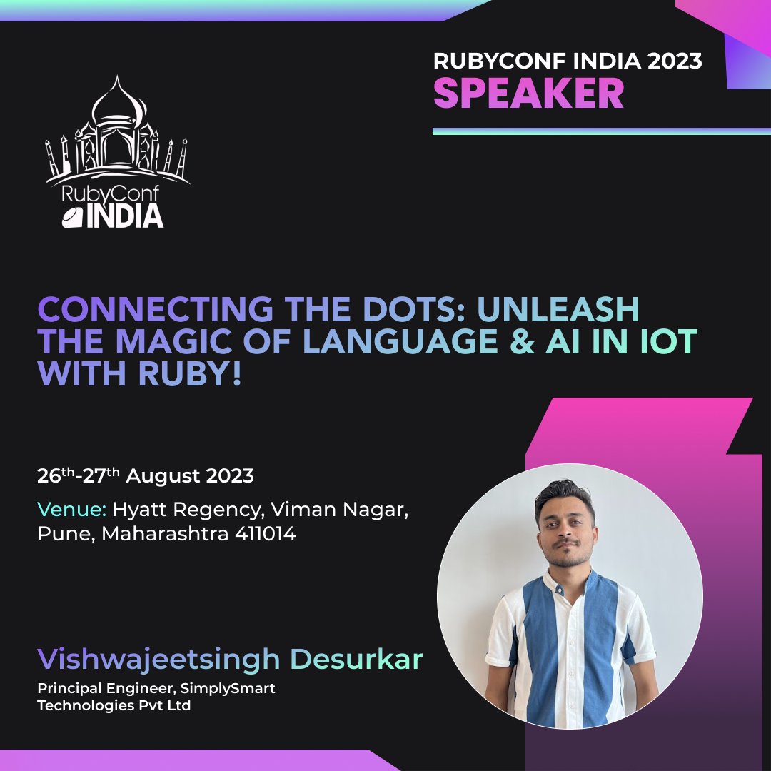 rubyconfindia's tweet photo. We are elated to announce @VishwaDesurkar as our speaker for #RubyConfIndia2023.

Vishwajeet is a Principal Engineer at SimplySmart Technologies Pvt Ltd. He thrives in the realms of Ruby on Rails and IoT, crafting innovative solutions that shape the future.

#rubyconfindia #rci https://t.co/CSJoQntJMp