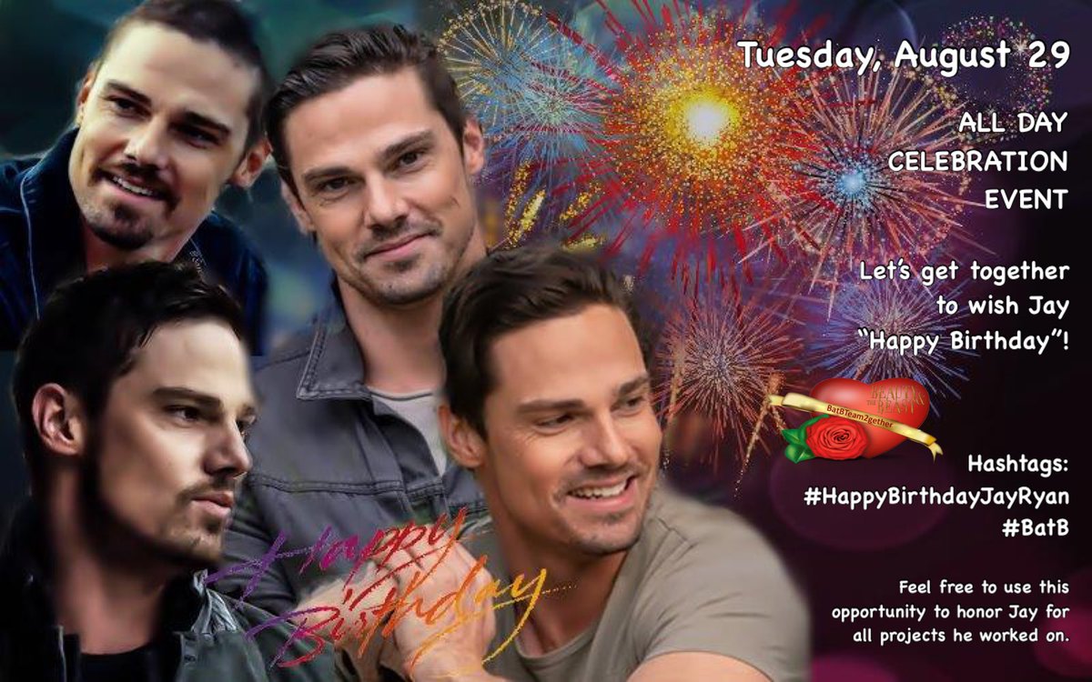 🎉🎉 Save the date, there's a birthday coming up! 🎉🎉 🎁🎂🎈Tuesday, August 29 🎈🎂🎁 ALL DAY CELEBRATION EVENT 🥂 Please RT, spread the news and join.Let’s get together to wish this amazing actor #JayRyan a very deserved 'Happy Birthday'! 🎂 Details ⬇️ 🥰 #BatBTeam2Gether #BatB