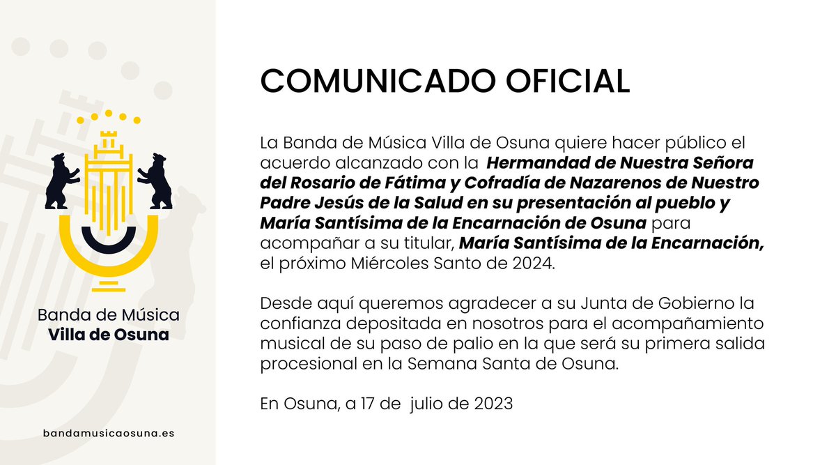 COMUNICADO OFICIAL | MIÉRCOLES SANTO

Queremos hacer público el acuerdo alcanzado con la Hermandad de Fátima de Osuna para acompañar a María Santísima de la Encarnación el próximo Miércoles Santo de 2024 en la que será su primera salida procesional en nuestra Semana Mayor.