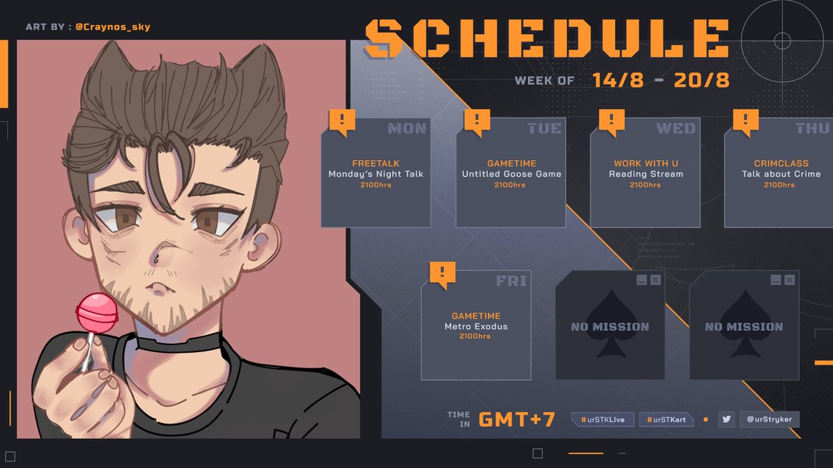 urStrykerVtuber's tweet photo. [ STREAM SCHEDULE ]
14 August 2023 - 20 August 2023

FA : @/craynos_sky

"keep going. keep moving."

♠️🦅#vtuber #VtuberUprisings #VtuberTH #urSTK #urSTKLive #urSTKart https://t.co/uJ68VyJvgm