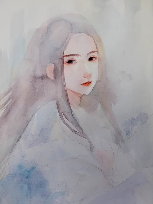 あまり暗い青色にしないでくださいましね?  と言われているようで当初の濃い青をのせるかどうか  #透明水彩