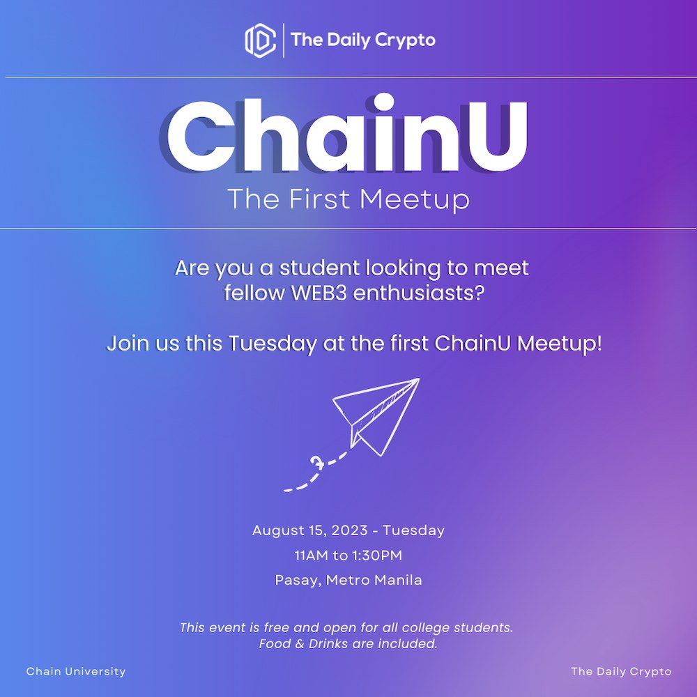 DailyCryptoPH's tweet photo. Are you a student looking for fellow WEB3 enthusiasts? 
 
Meet like-minded peers who are interested in the world of Web3! Whether you’re a well-versed follower or a curious newcomer, you’re invited to The Daily Crypto’s Chain Meetup!  
 
SIGN UP HERE: 
https://t.co/R4VDNfKL5r https://t.co/v8z9DaedOx