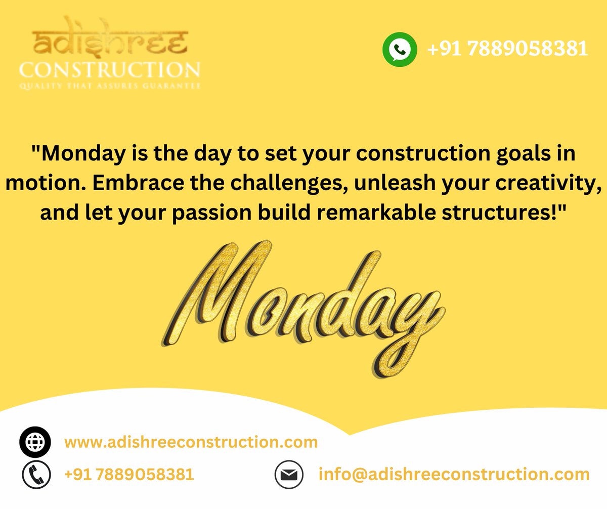 🔨 Ready to conquer the week? Monday's your chance to kickstart those construction dreams! 💪 Embrace challenges, channel your creativity, and let your passion lay the foundation for remarkable structures.  🏗️💡 #adishreeconstruction #MondayMotivation #ConstructionGoals 🏢🌟