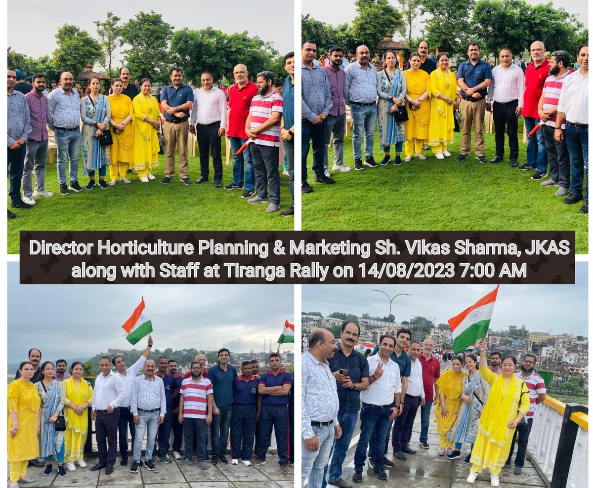 #HarGharTiranga 
Director Horticulture Planning &amp; Marketing, Sh. Vikas Sharma, JKAS along with staff participated at Tiranga Rally Jammu today on 14/08/23.
<a href="/ANI/">ANI</a>
<a href="/diprjk/">Information & PR, J&K</a> 
<a href="/PIBSrinagar/">PIB in Jammu Kashmir & Ladakh</a> 
<a href="/PMOIndia/">PMO India</a> 
<a href="/OfficeOfLGJandK/">Office of LG J&K</a> 
<a href="/HorticultureJk/">JK Horticulture</a> 
<a href="/JkAgriculture/">JK Agriculture</a>