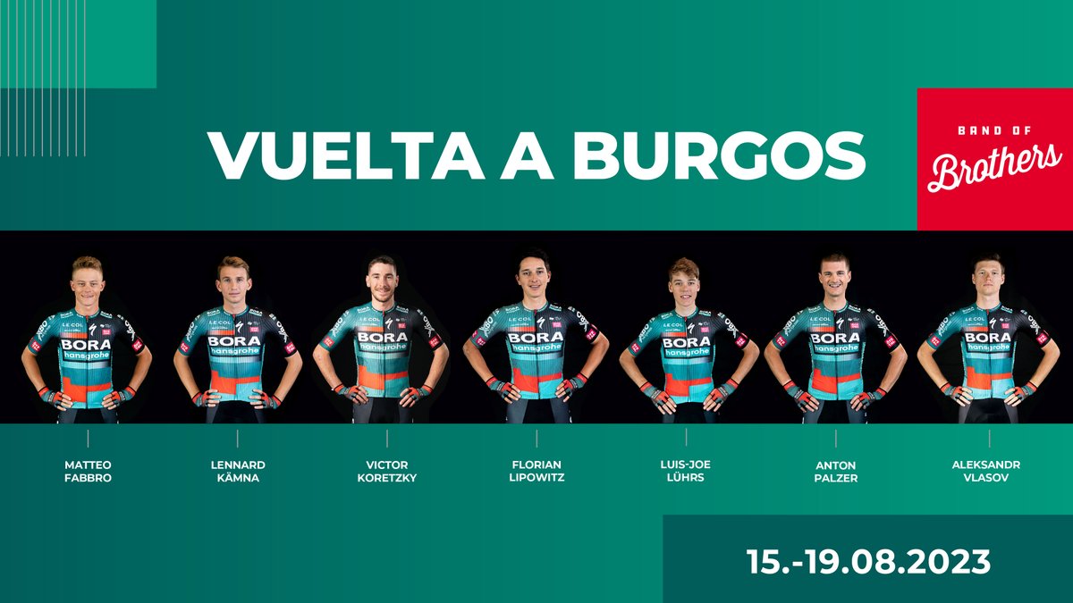 Red Bull โ BORA โ hansgrohe (@rbh_procycling) on Twitter photo ๐ช๐ธ #VueltaBurgos
The boys are ready for racing! Our squad for the <a href="/VueltaBurgos/">Vuelta a Burgos</a>:
๐ Matteo Fabbro
๐ Lennard Kรคmna
๐ Victor Koretzky
๐ Florian Lipowitz
๐ Luis-Joe Lรผhrs
๐ Anton Palzer
๐ Aleksandr Vlasov
#BORAhansgrohe #bandofbrothers #procycling ๐ช๐ธ #VueltaBurgos
The boys are ready for racing! Our squad for the <a href="/VueltaBurgos/">Vuelta a Burgos</a>:
๐ Matteo Fabbro
๐ Lennard Kรคmna
๐ Victor Koretzky
๐ Florian Lipowitz
๐ Luis-Joe Lรผhrs
๐ Anton Palzer
๐ Aleksandr Vlasov
#BORAhansgrohe #bandofbrothers #procycling