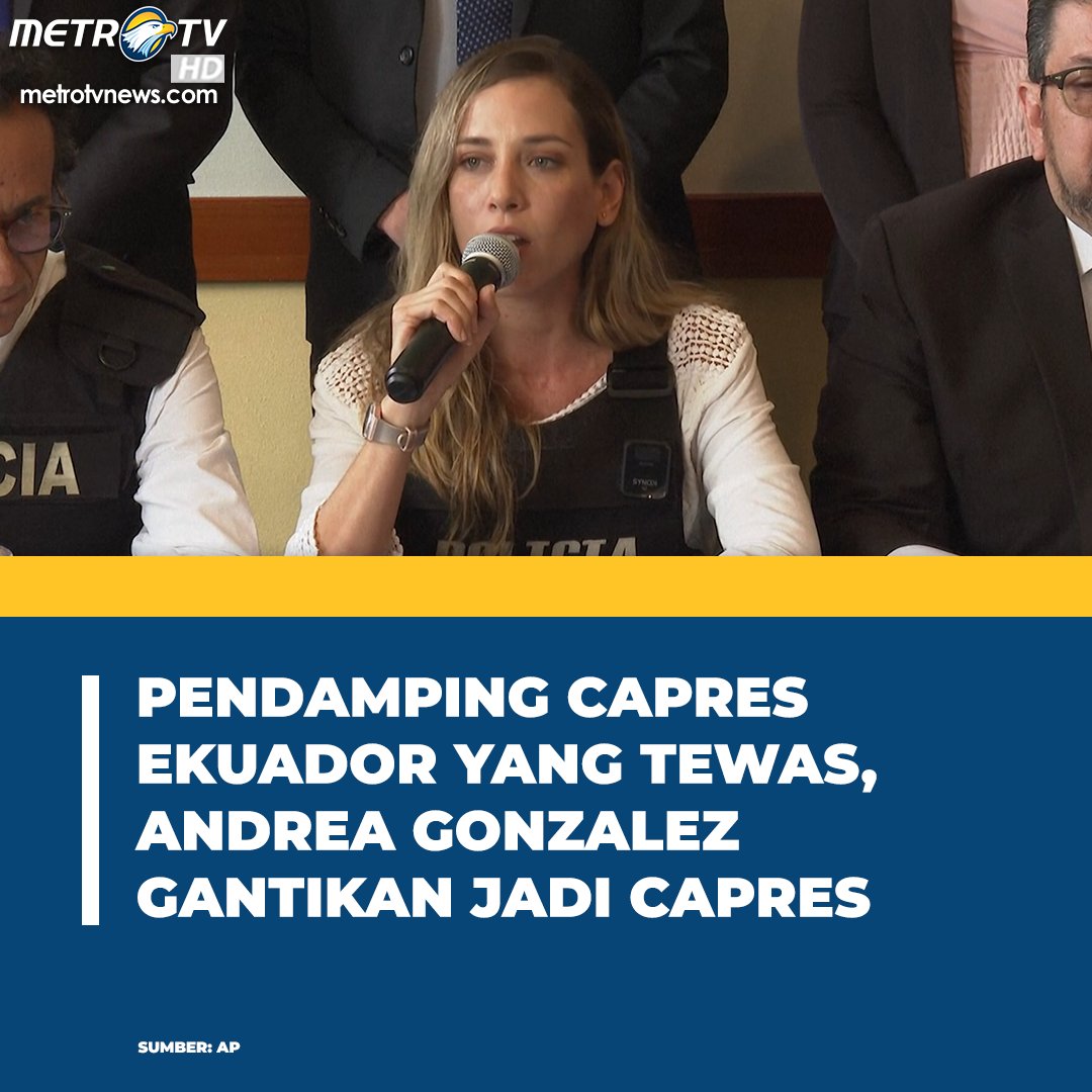 Metro_TV's tweet photo. Pendamping dari calon presiden Ekuador, Fernando Villavicencio, yang terbunuh, Andrea Gonzalez telah ditunjuk untuk menggantikannya dalam pemilihan umum pada 20 Agustus mendatang.

#ekuador #andreagonzalez #fernandovillavicencio #pemilu https://t.co/yocoFV6ktu