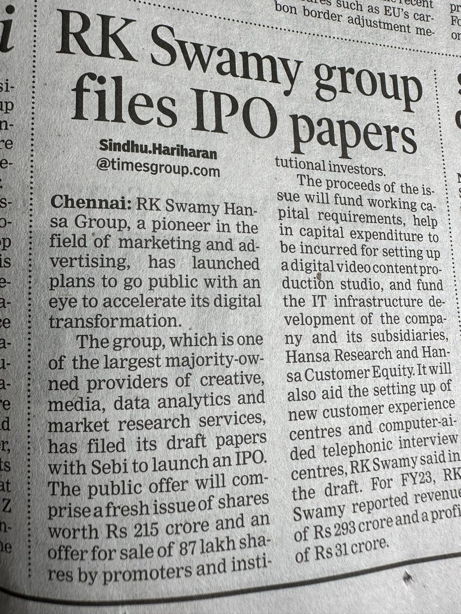 anuradhasays's tweet photo. First Indian agency to go public. The IPO is an act of belief in the co and the business. Will  go a long way in providing a transparent view of revenues and profitability of the ad agency business. Good luck to the Swamy bros+Chairman Srinivas Swamy. https://t.co/6y3qlcU5PX