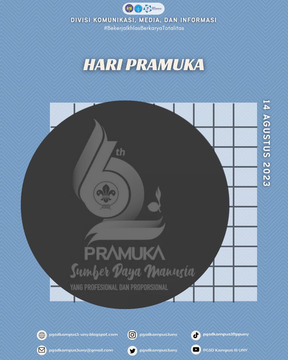 pgsdkampus3uny's tweet photo. [HARI PRAMUKA]

Dalam setiap tindakan Pramuka, terukir semangat keikhlasan dan pengabdian. Semoga  Dasa Darma Pramuka selalu menjadi keutamaan bagi seluruh masyarakat Indonesia.

Satyaku Kudarmakan, Darmaku Kubaktikan, Salam Pramuka!

Selamat Hari Pramuka https://t.co/WjR77geR8E