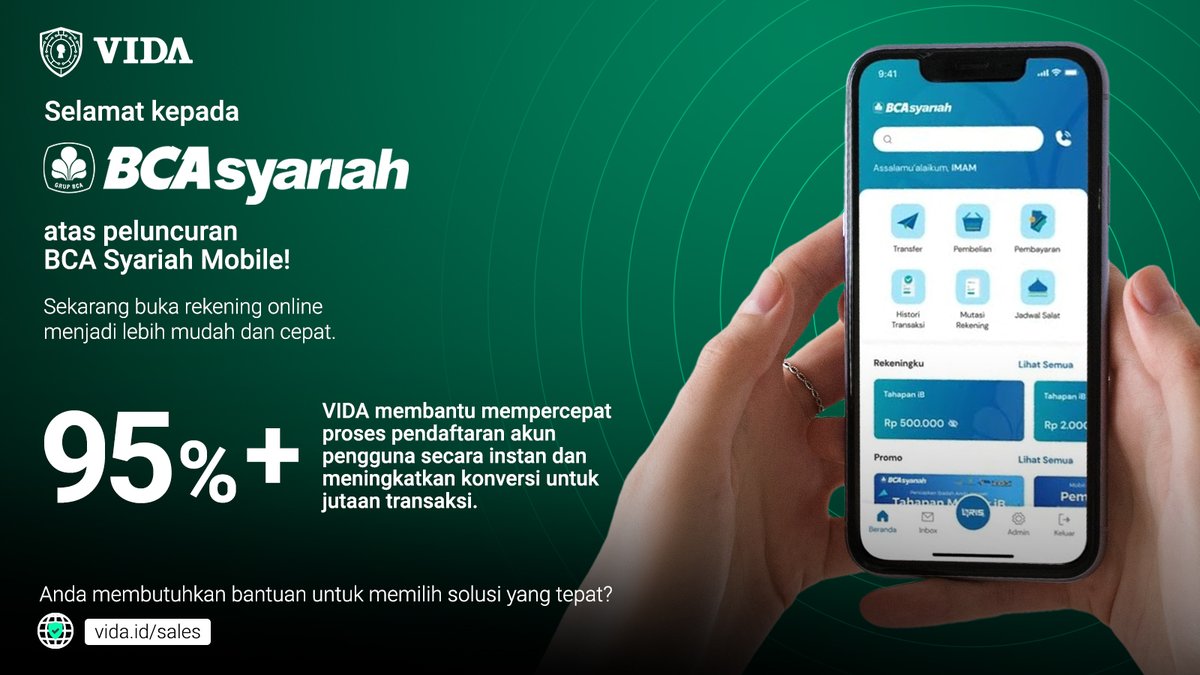 vidadigitalid's tweet photo. Selamat kepada BCA Syariah atas peluncuran BCA Syariah Mobile!

VIDA membantu mempercepat proses pendaftaran akun pengguna lebih dari 95%

Info: https://t.co/IpAiWcvjip

#ScaleFasterGrowStronger 
#GetDealsDone 
#VIDAdigitalidentity 
#BCASyariah #BCAsyariahmobile 
#JadiGampang https://t.co/9q3XPRYwFT