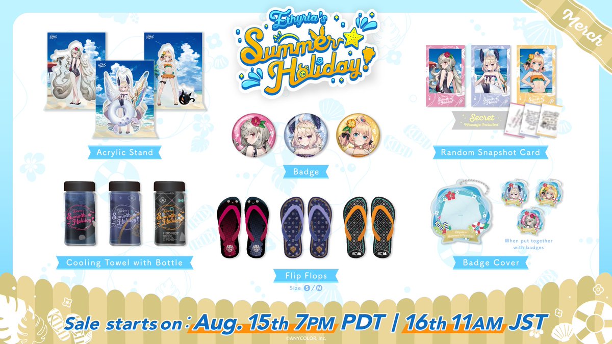 NIJISANJI_World's tweet photo. 【Ethyria’s Summer ☆ Holiday! now on sale】

🌴"Ethyria’s Summer ☆ Holiday!" now available for purchase!
Place your orders for #Ethyria's swimsuit themed merch!😍

🔻Store:
https://t.co/Qagnd0GjBN

#NIJISANJI_EN https://t.co/PY0TmqwkXk