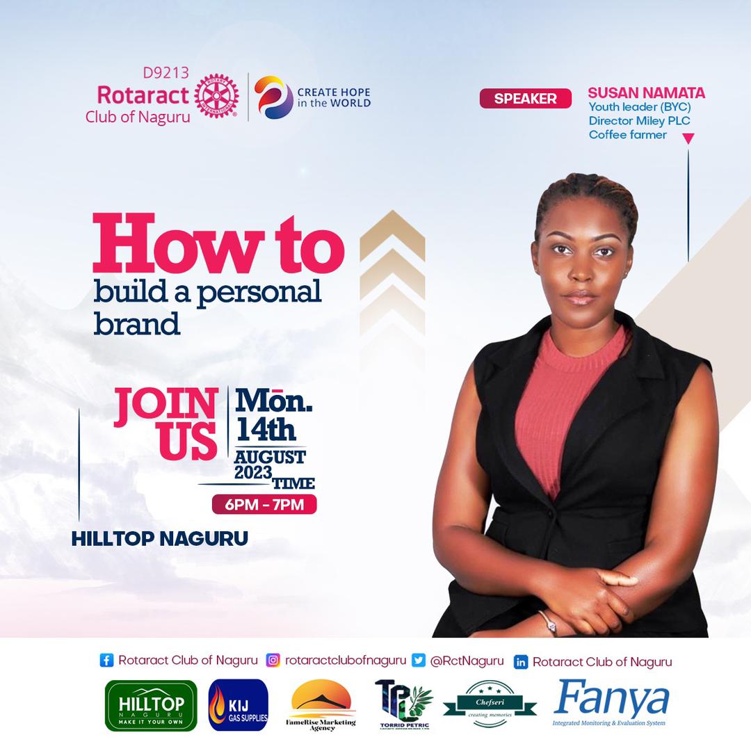 Rotaract_TV's tweet photo. Join @RctNaguru today Monday 14th at hilltop gardens Naguru as they learn about building a personal brand.
6pm let's all be there,
#RotaractTV
#RotaractMedia
#RotaractYouth
#ServiceAboveSelf
#YouthEmpowerment
#LeadershipDevelopment
#Createhopeintheworld
#RotaryInternational https://t.co/R9HPXi0Mug