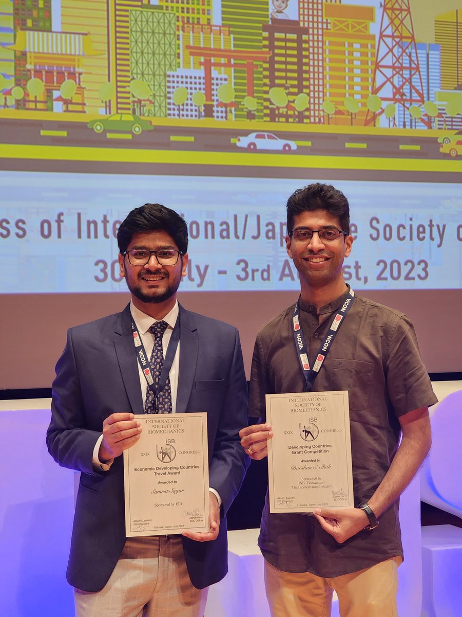 Prof. Darshan Shah received Developing Countries Grant Competition (DCGC) award during the ISB 2023 Congress held in Fukuoka, Japan. His PhD student Samrat Sagar was awarded the Economic Developing Countries (EDC) Student Travel Grant for his work on Mandible Biomechanics.