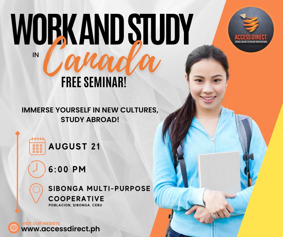 accessdirectceb's tweet photo. Hello Sibonga!!! Study, Work and Live in Canada!

Take the first step and achieve that Canadian dream
Join our FREE Seminar!

Open to K-12 graduates, college graduates,
undergrads and professionals

📍 SIBONGA MULTI-PURPOSE COOPERATIVE
📅 August 21, 2023
🕙 6pm https://t.co/5Dv031SVs7