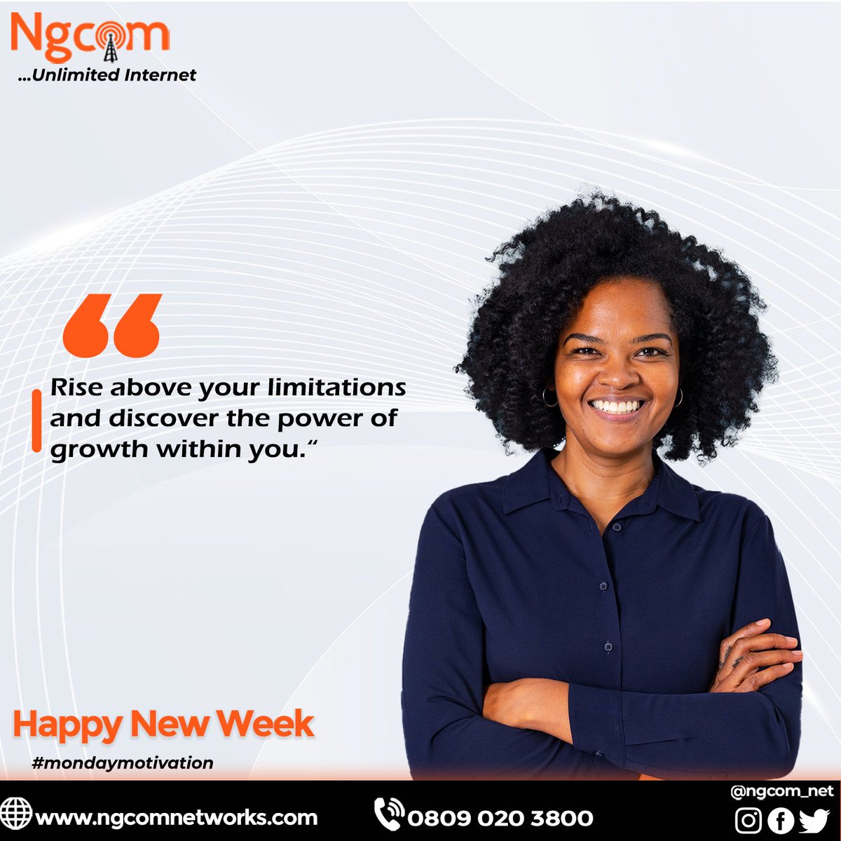 ngcom_net's tweet photo. Embrace the New Week with a Fresh Perspective and a Determination to Chase Your Goals. Mondays are for Making Moves! .
#ngcom #technology #internetserviceprovider
#NGCOMNetworks #work
#Unlimited_internet_in_Nigeria #fun #business
#streamingmusic #workfromhome
#motivationmonday https://t.co/wLJ6SRcirU