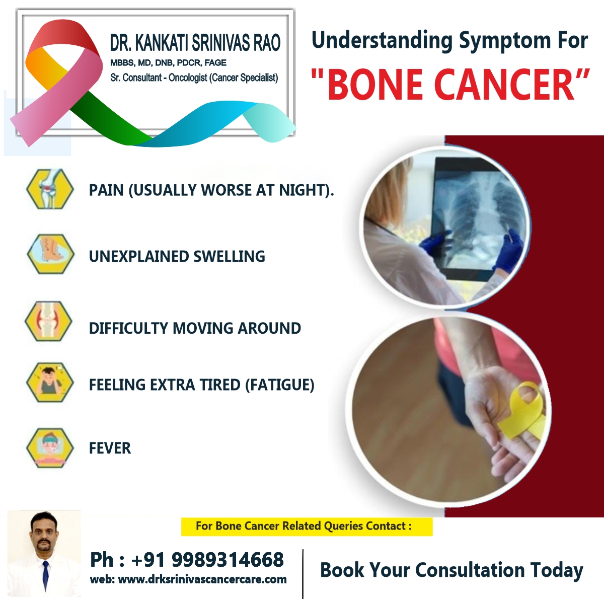 Understanding symptoms of bone cancer ✔️ Pain (usually worse at night) ✔️ Unexplained swelling ✔️ Difficulty moving around ✔️ Feeling extra tired (fatigue) ✔️ Fever #drsrinivasrao #bonecancer #bonecancersymptoms #symptoms #bonecancertreatment #pain #bonecancerawareness