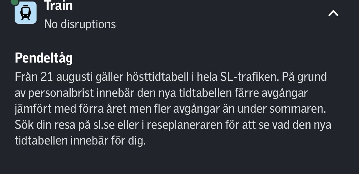 Det gick 0 tåg för mig under sommaren för de stängdes av. Sl lovar mig fler än 0 tåg under hösten. Mtr är överlag mer fekalier än företag.
