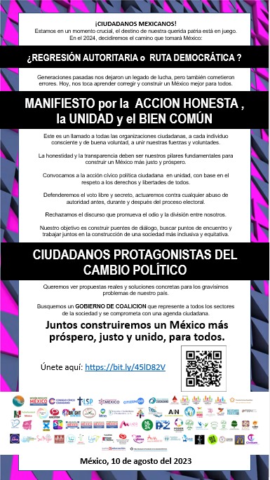 MRMDurango's tweet photo. MANIFIESTO POR UNA ACCIÓN HONESTA Y UNIDA PARA EL BIEN COMÚN EN MÉXICO.

Este es un llamado a todas las organizaciones ciudadanas, a cada individuo consciente y de buena voluntad, a unir nuestras fuerzas y acciones en busca del bien común.

¡ÚNETE AQUÍ!👇
https://t.co/I7VSMMlZUJ https://t.co/Lo2L4hOPq5