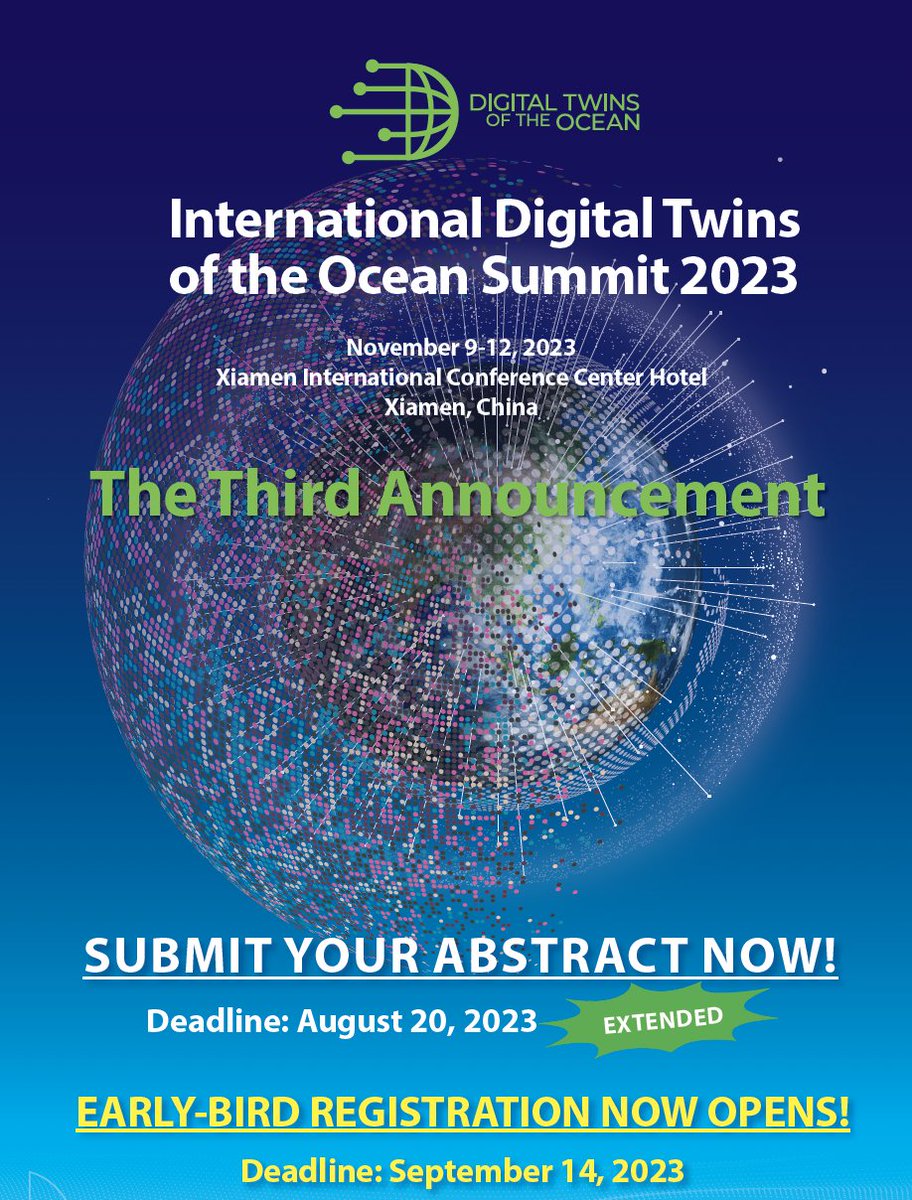 Abstract deadline for the DITTO Summit 2023 has been extended to August 20th! Details on the official website ditto-summit2023.scimeeting.cn Submit now to enjoy early bird rate. See you in Xiamen this fall! #digitaltwins #oceandecade #dittosummit2023