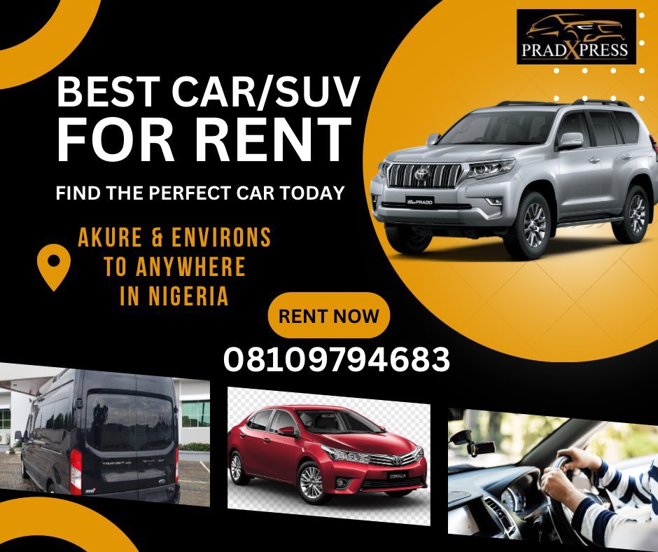 Are you in Akure, Ado or it’s environs and in need of cars or SUVs for rental for your events or travels to any part of the country at affordable price?                                    

Send DM or call 08109794683 to make bookings/enquiries
