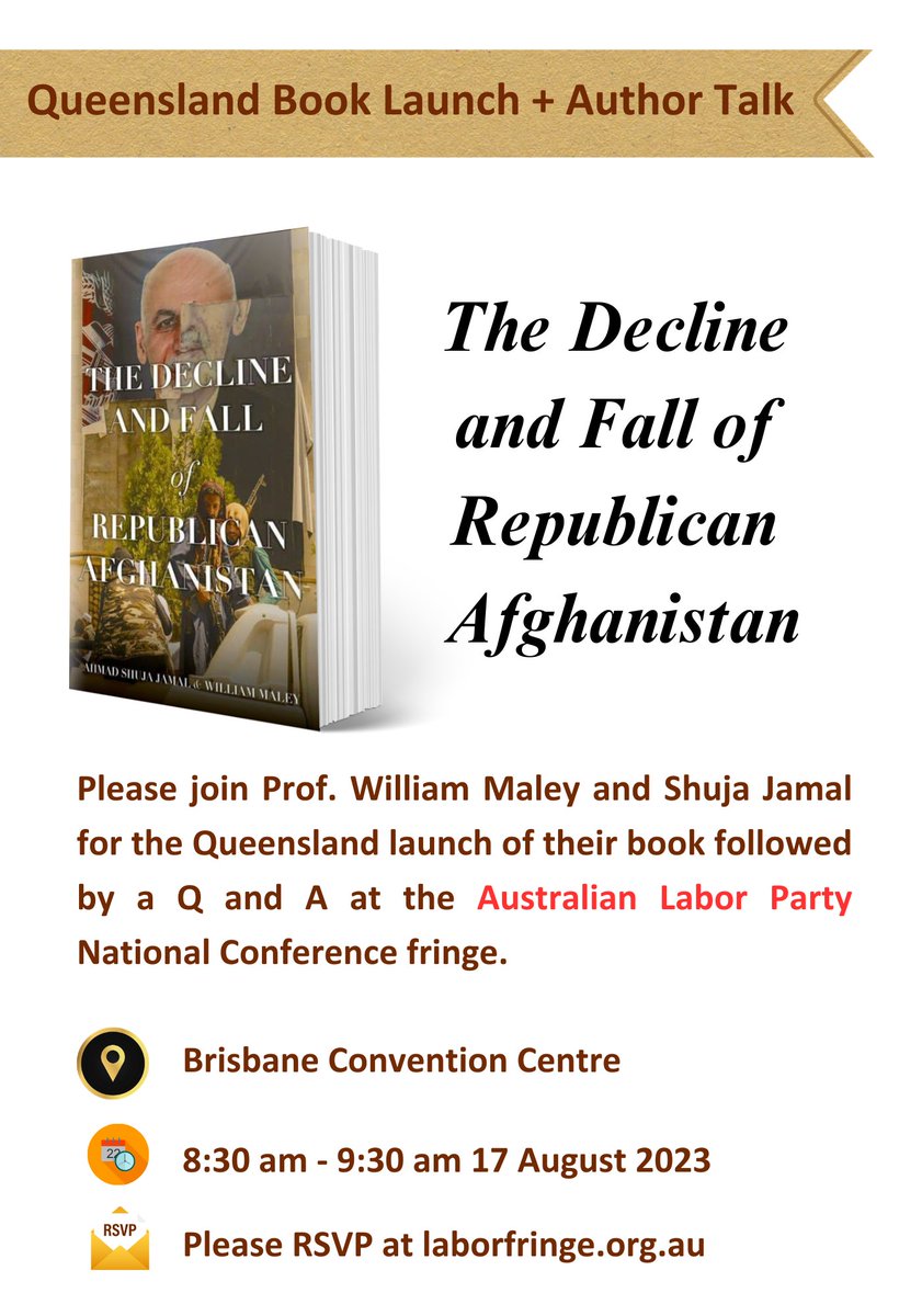Ahmad Shuja (@ahmadshuja) on Twitter photo Attending the <a href="/AustralianLabor/">Australian Labor</a> Party national conference? You're invited to the Queensland launch of my book with <a href="/WilliamMaley1/">william maley</a>, featuring <a href="/JulianHill/">julianhill</a> MP.
Tickets are available at laborfringe.org.au, and I look forward to seeing you in Brisbane!
#AusPol #ALPFringe23 Attending the <a href="/AustralianLabor/">Australian Labor</a> Party national conference? You're invited to the Queensland launch of my book with <a href="/WilliamMaley1/">william maley</a>, featuring <a href="/JulianHill/">julianhill</a> MP.
Tickets are available at laborfringe.org.au, and I look forward to seeing you in Brisbane!
#AusPol #ALPFringe23