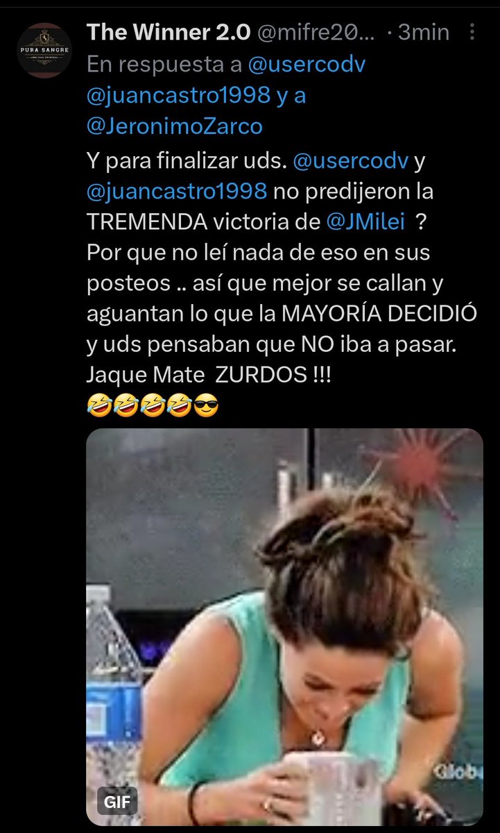 Cuando los zurditos te digan que no tenes "formación ni estudios en politica" y fueron ellos los "estudiosos" que no se dieron cuenta que <a href="/JMilei/">Javier Milei</a> arrasaba en las elecciones ellos son la BURLA MUNDIAL.
Entonces quien perdió la apuesta ? Jajajaj 
C.c.  @usercodv  y <a href="/juancastro1998/">JJCH🇵🇸</a>
