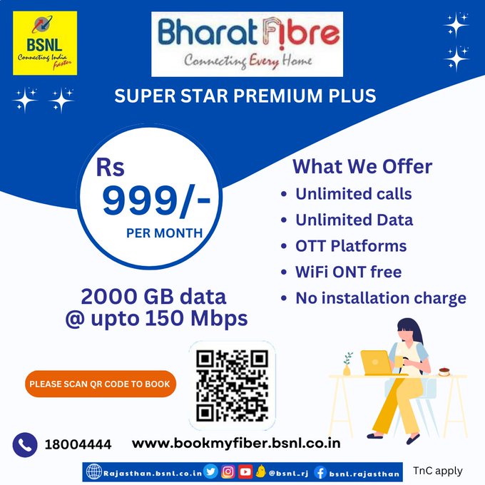 BSNL_RJ's tweet photo. Enjoy #UnlimitedData, #UnlimitedCalling & popular OTT platforms. Subscribe for #BSNL #BharatFiber #SuperStarPremiumPlus
Book Now- https://t.co/6XKDPUrcio
#Internet4All #FamilyWiFi #WiFi #BSNLRJ_FTTH https://t.co/DgdHdKTIWx