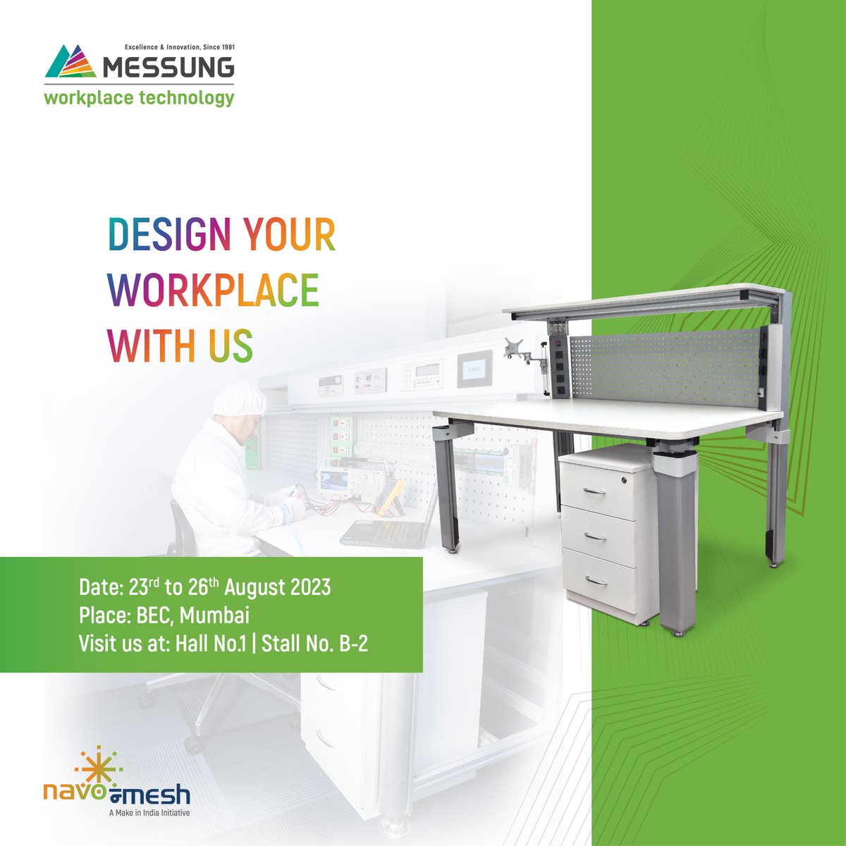 Upgrade your workplace with dynamic ESD-safe solutions by Messung.  Visit us at the Automation Expo,  commencing on August 23rd,  at stall no. B-2.  #Mumbai #automationexpo #expo2023 #Technology #Exhibition2023 #esdworktable #esdtable #AFMworktable #volumetricesd #puchairs