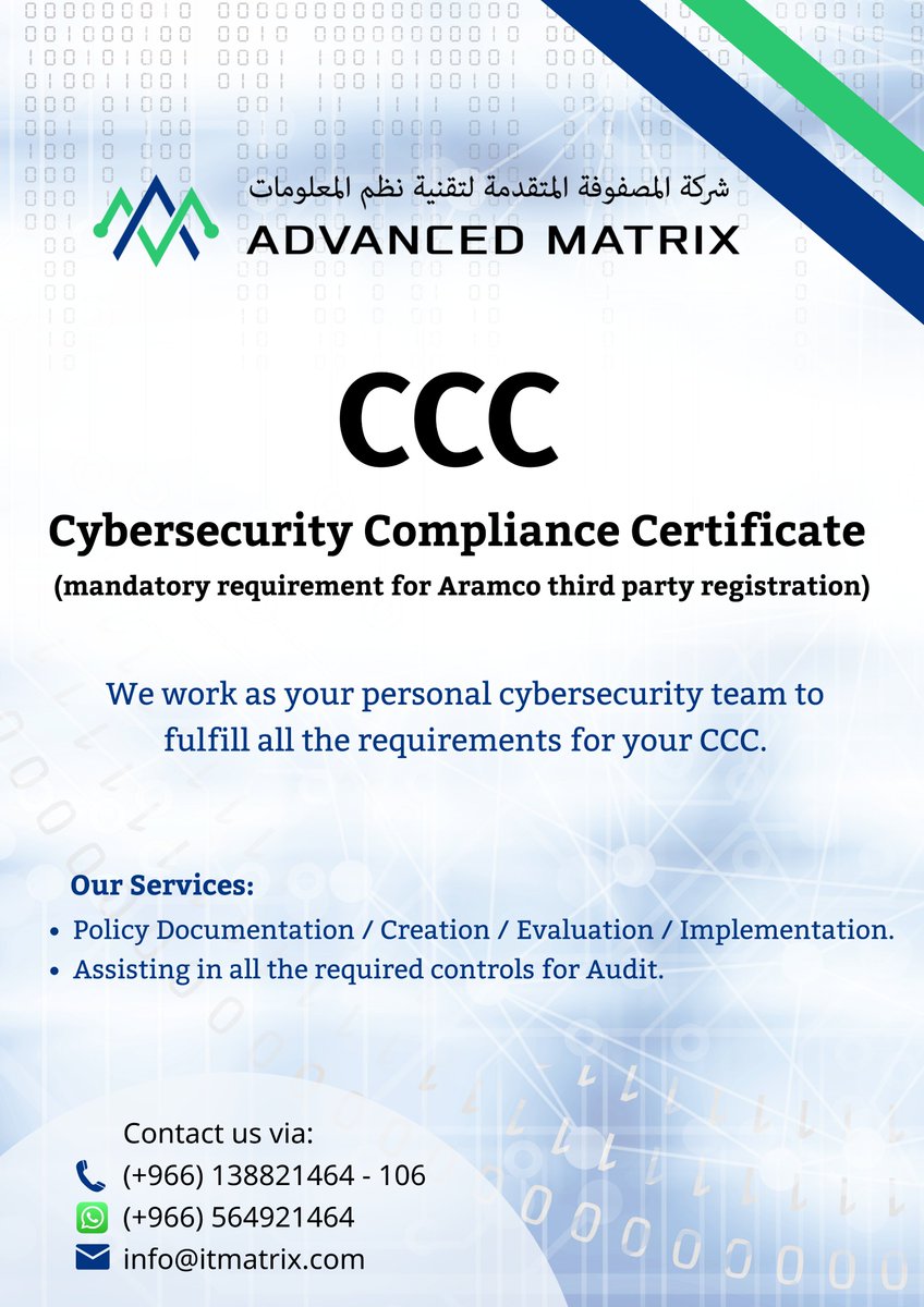 AdvancedMatrix_'s tweet image. Need help to get CCC (cybersecurity compliance certificate) for your organization?
We are here to help.

Contact us: +966138821464
Email us: info@itmatrix.com

#CCC #SACS002 #cybersecurity #cyber #Audit #infosec #aramco #thirdparty #vendor