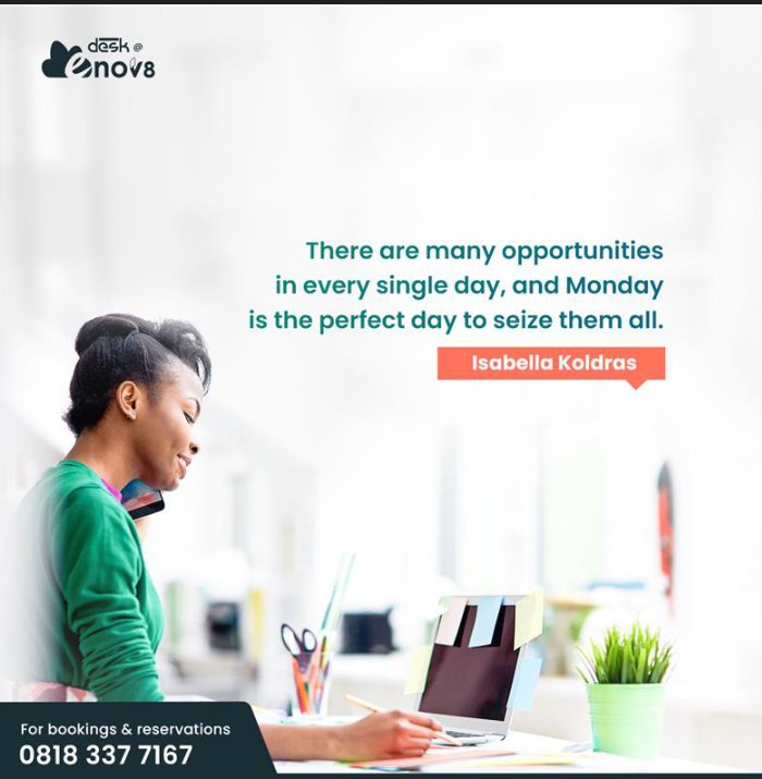 Desk_Enov8's tweet photo. Today is the perfect day to seize every opportunity that comes your way.

Happy new week!

Looking for the perfect workspace in Lekki?

We've got you covered. Reach out to us today on 0818 337 7167.

#MondayMotivation #deskatenov8 #coworkingspaceinlagos #coworkingspaceinlekki https://t.co/fXD1IX9ecB