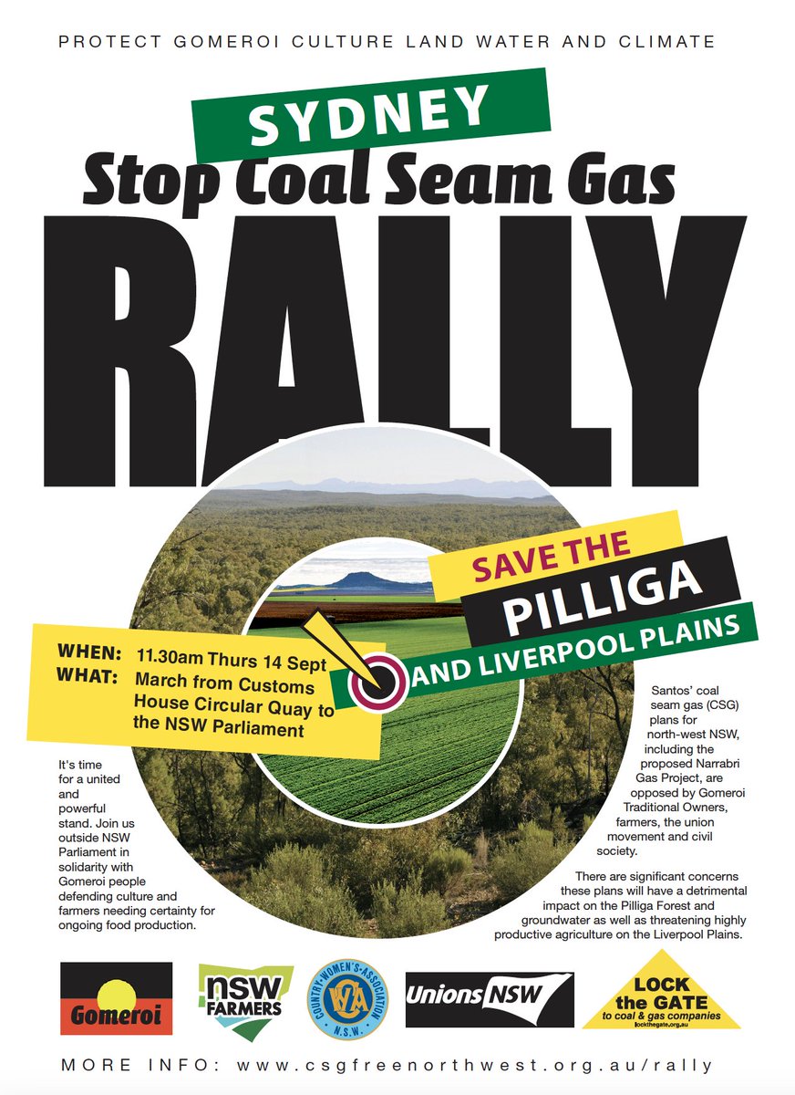 naturensw's tweet photo. RALLY IN SYDNEY: Stop Coal Seam Gas – Save the Pilliga and Liverpool Plains
WHEN: 11.30am Thurs 14 Sept
WHAT: March from Customs House Circular Quay to
the NSW Parliament https://t.co/frdyluMfFb