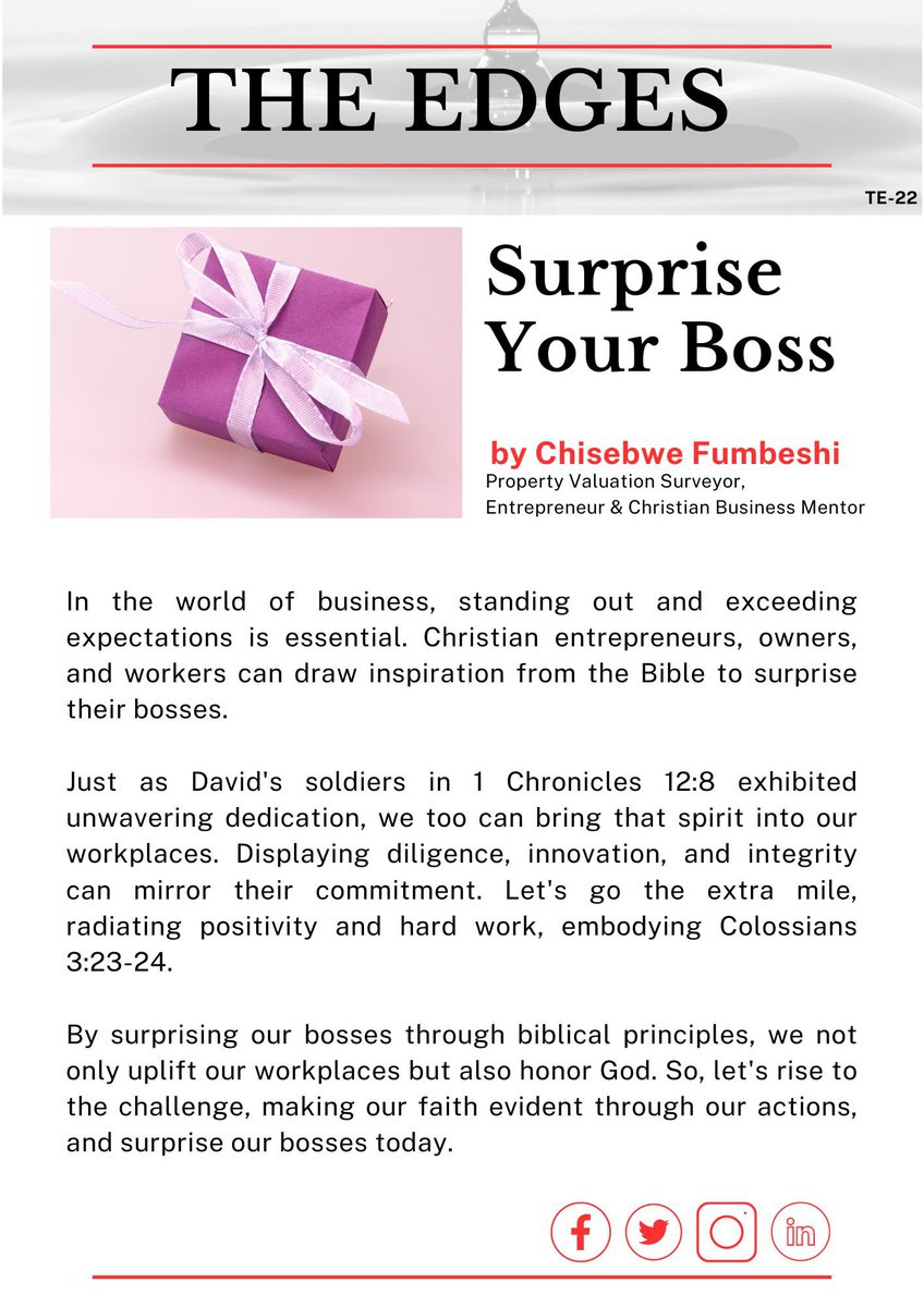 C_Fumbeshi's tweet photo. Surprise Your Boss
In the world of business, standing out and exceeding expectations is essential. Christian entrepreneurs, owners, and workers can draw inspiration from the Bible to surprise their bosses.
#PositiveWorkPlace #TheEdges #ChisebweFumbeshi #ChristianBusinessMentor https://t.co/k5pevtC3GM