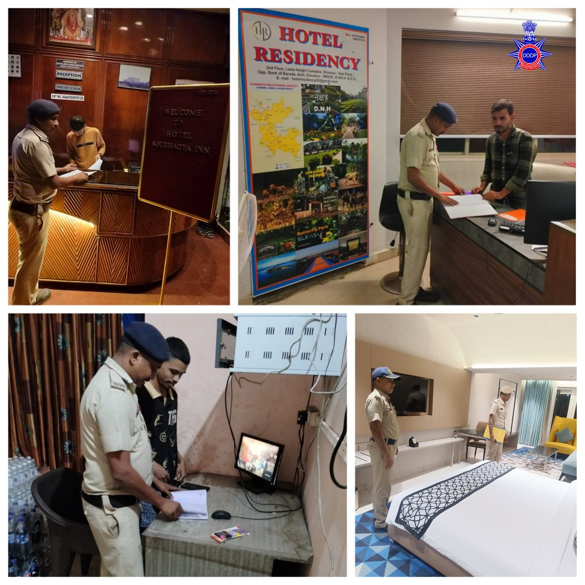 DNHPolice's tweet photo. Ensuring a Secure Celebration ๐ฎ๐ณโจ: On the occasion of #IndependenceDay, #DNHPolice carries out thorough checks at #hotels, diligently verifying guests to ensure a safe environment. #SafeIndependence
#JanRakshanaySadevTatpar https://t.co/6NemUrFhLR