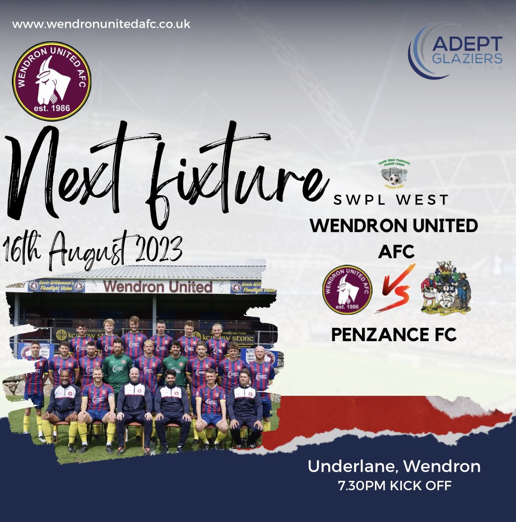 𝐌𝐢𝐝𝐰𝐞𝐞𝐤 𝐀𝐜𝐭𝐢𝐨𝐧:
𝐖𝐞𝐧𝐝𝐫𝐨𝐧 𝐔𝐧𝐢𝐭𝐞𝐝 𝐯 𝐏𝐞𝐧𝐳𝐚𝐧𝐜𝐞

Join us for our first home game of the <a href="/swpleague/">WALTER C. PARSON PENINSULA LEAGUE</a> season as we host <a href="/PenzanceAFC/">Penzance AFC</a> on Wednesday night, 16th August 2023, at 7.30pm

<a href="/Cornishfootball/">Dave Deacon</a>
<a href="/sportscornwall/">Cornwall Sports Media</a>
<a href="/swsportsnews/">South West Sports News</a>
<a href="/ThePacket/">Packet Newspapers 〓〓</a>