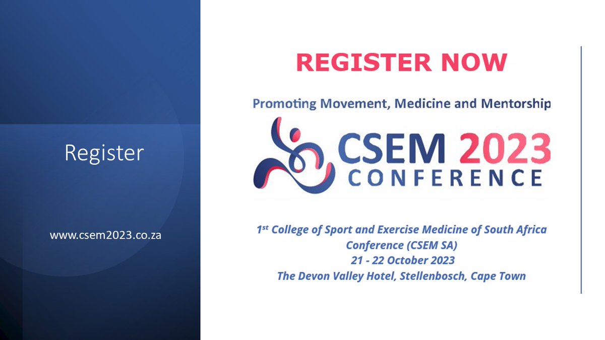 1st College of Sport and Exercise Medicine of South Africa Conference (CSEM SA).

The theme of this Conference has been carefully chosen and will focus on “Promoting Movement, Medicine and Mentorship”.

#MyNWU
#DiscoverNWU
#PhASRec
#Research
#PostGrad
#Past3amSquad