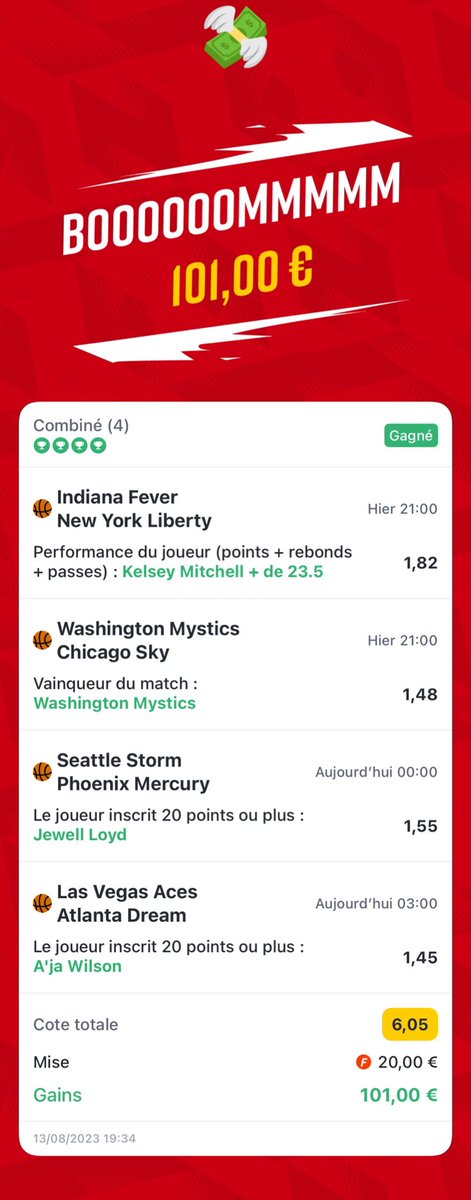 #SikaMortal🍀

20€ FB -> 101,00€ ✅

On transforme les 20e de freebet gagnés cette semaine en 100€ 🙏✅

🎁 10€ à gagner parmi les RT + Follow <a href="/SikaPronos/">Sika</a>