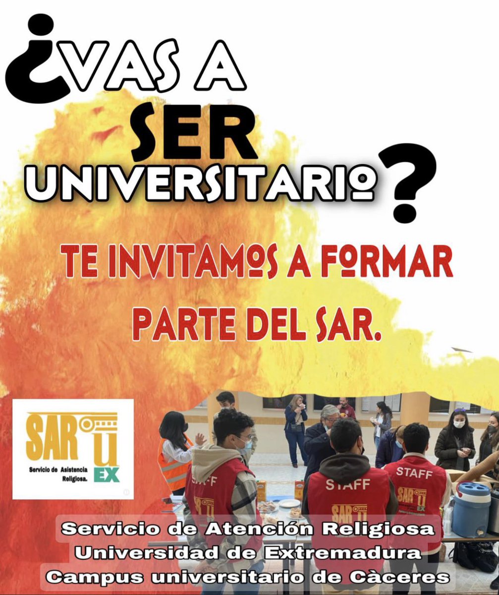 PUcaceres's tweet photo. ¿Vienes a estudiar a la #universidad de #Extremadura?? Uninete al #SAR y ayúdanos a ayudar a los demás. 
¿DONDE NOS  ENCUENTRAS?
Facultad de Filosofía y letras. Despacho 201 
Càceres 
INSTAGRAM: sar_eux_
FACEBOOK: @SAR. Uex Pastoral Universitaria
Twitter: @PUcaceres https://t.co/SpN8pnSWkg