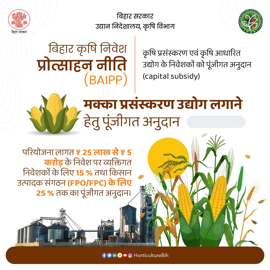 HorticultureBih's tweet photo. बिहार कृषि निवेश प्रोत्साहन नीति के तहत कृषि आधारित खाद्य प्रसंस्करण उद्योग एवं मूल्य - संवर्धन मक्का प्रसंस्करण उद्योग लगाने हेतु पूंजीगत अनुदान। अधिक जानकारी एवं योजना का लाभ लेने हेतु ऑनलाइन https://t.co/LtEu7qEiKB पर विजिट कर सकते है।"
#BAIPP #Maize #Horticulture #Bihar https://t.co/jBFEthtFBo