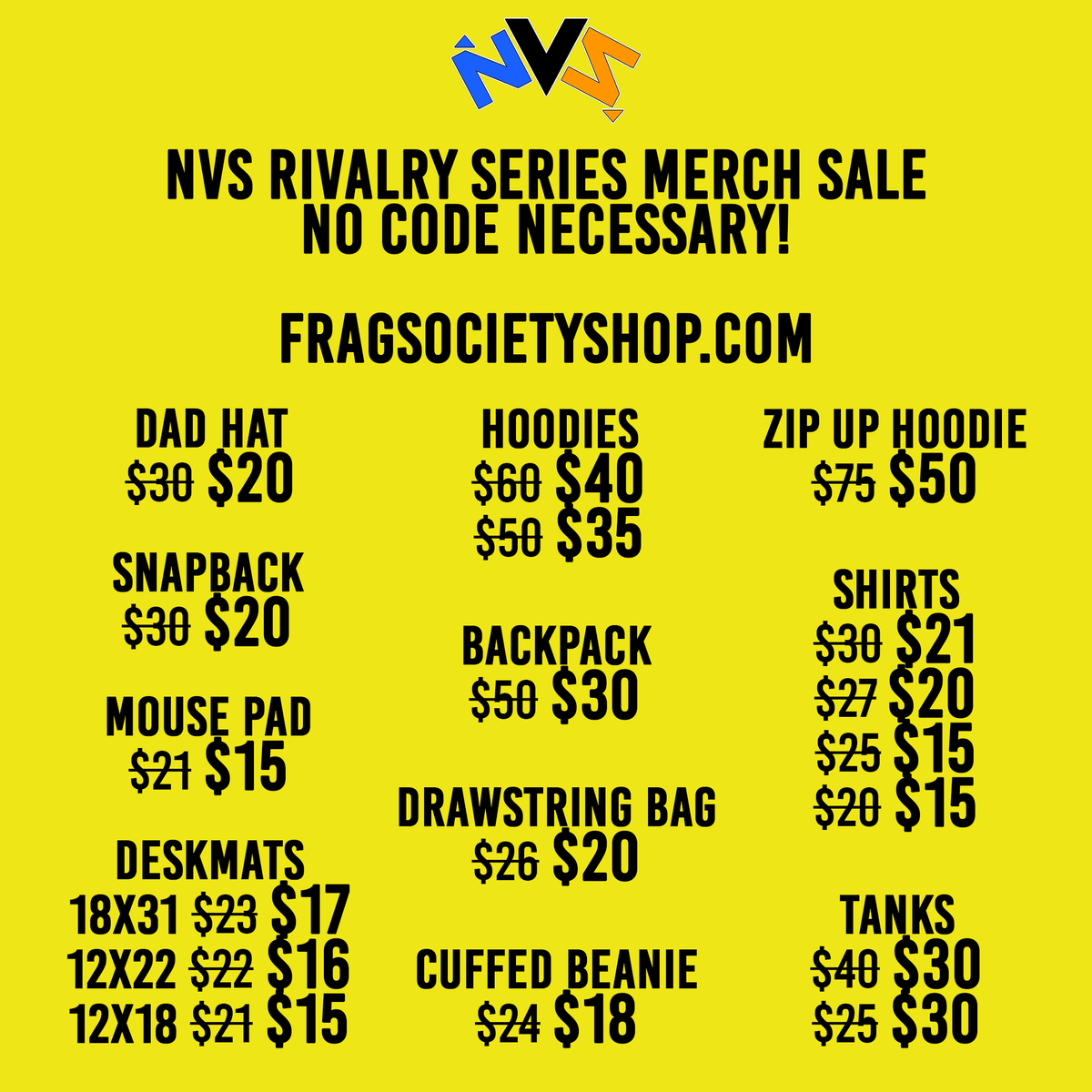 fragsoci's tweet photo. NvS Rivalry Series Merch Sale! All NvS products up to 40% off. https://t.co/Ens4twgYV4