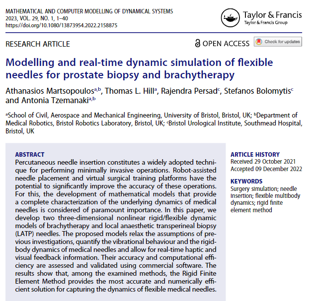 Math Comput Model Dyn Syst - MCMDS (@mcmdsjournal) on Twitter photo 📚🔬 Check out the most-read article in <a href="/MCMDSJournal/">Math Comput Model Dyn Syst - MCMDS</a>:
🔍Title: Modelling and real-time dynamic simulation of flexible needles for prostate biopsy and brachytherapy
📊 Views: 2455
📈 Altmetric: 83
Read the full article on <a href="/tandfonline/">Taylor & Francis Research Insights</a>: 🔗 tandfonline.com/doi/full/10.10… 📚🔬 Check out the most-read article in <a href="/MCMDSJournal/">Math Comput Model Dyn Syst - MCMDS</a>:
🔍Title: Modelling and real-time dynamic simulation of flexible needles for prostate biopsy and brachytherapy
📊 Views: 2455
📈 Altmetric: 83
Read the full article on <a href="/tandfonline/">Taylor & Francis Research Insights</a>: 🔗 tandfonline.com/doi/full/10.10…
